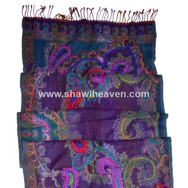 violet boiled wool large scarf wrap with intricate embroidery
